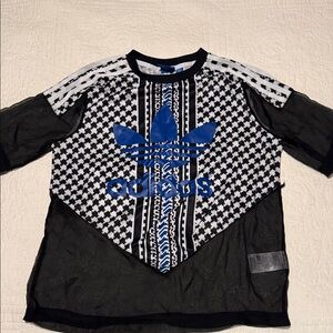 Adidas womans Black and White Tee with Blue Logo sheer